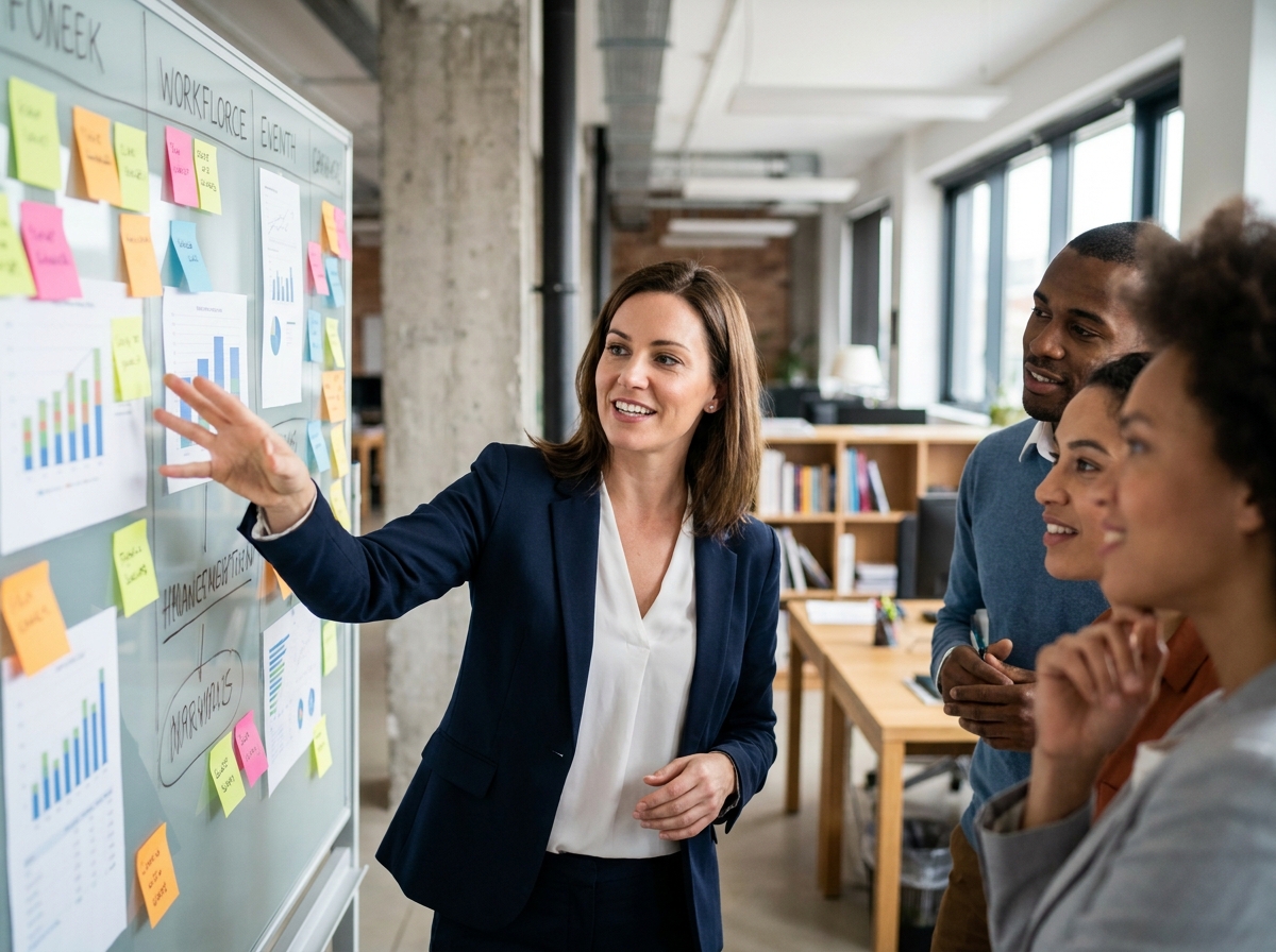 Femme manager présentant une stratégie de marque employeur à son équipe dans un bureau moderne avec tableau blanc et notes de travail