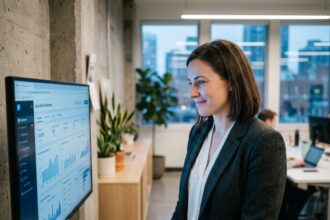 Une femme professionnelle analyse des statistiques de réseaux sociaux sur un écran dans un bureau moderne, illustrant une stratégie digitale efficace pour les entreprises