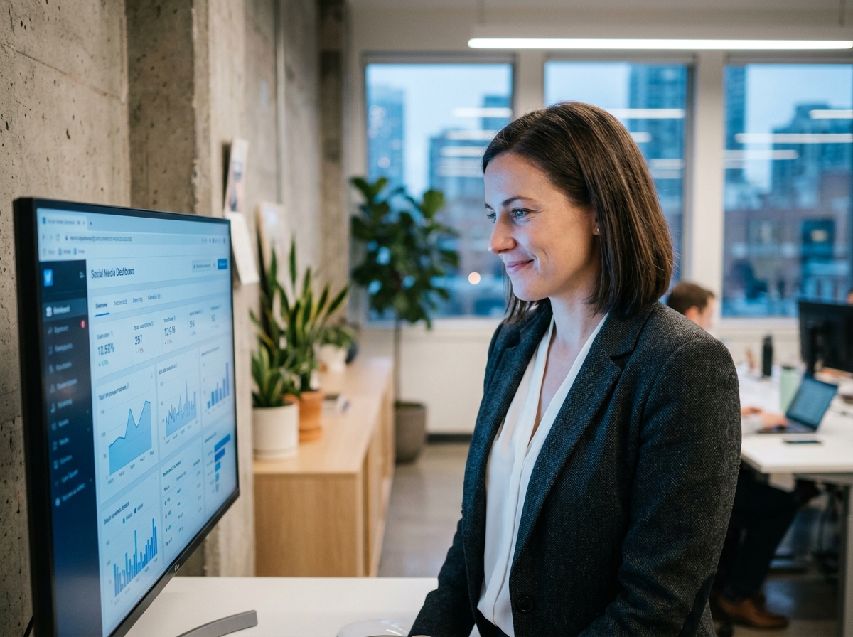 Une femme professionnelle analyse des statistiques de réseaux sociaux sur un écran dans un bureau moderne, illustrant une stratégie digitale efficace pour les entreprises