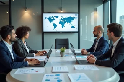 Équipe RH multiculturelle réunie autour d'une table de conférence pour élaborer une stratégie globale adaptée à la zone EMEA