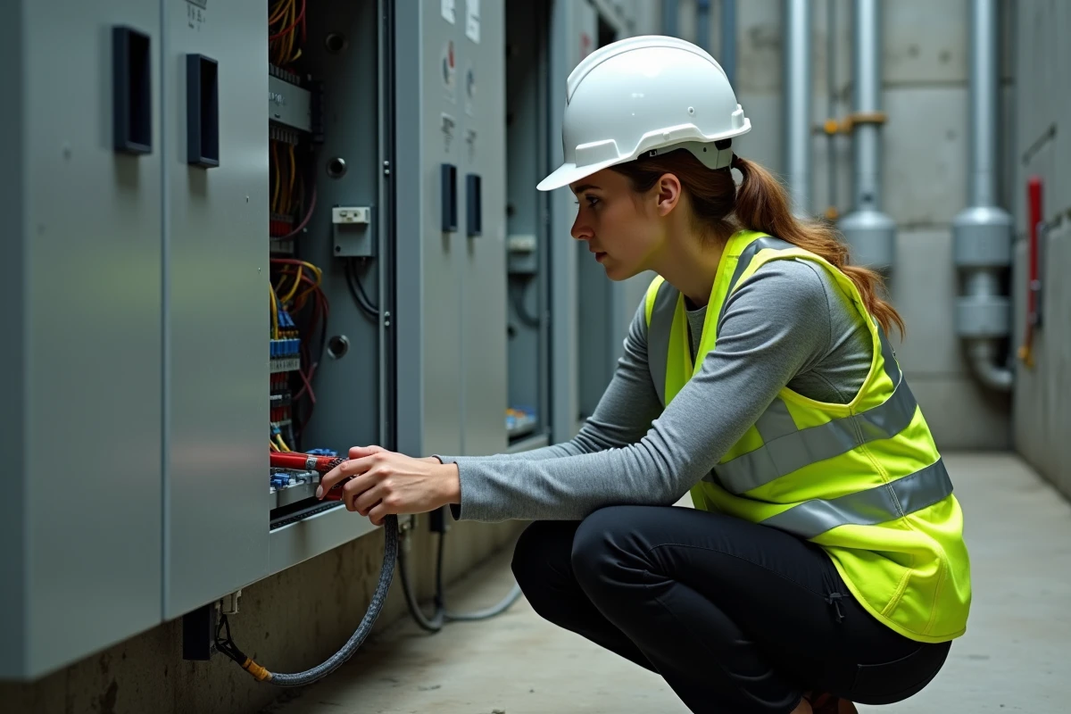 Technicienne installant un contrôleur de gestion technique centralisée dans un local technique d'un bâtiment commercial