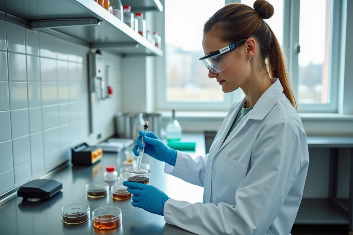 Technicienne en laboratoire analysant des échantillons d'engrais azotés dans un centre de recherche agrochimique à Vienne, Autriche