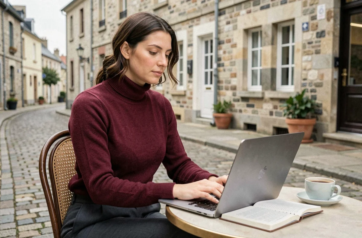Jeune professionnelle en portage salarial travaillant en télétravail depuis une terrasse du centre-ville de Saint-Brieuc