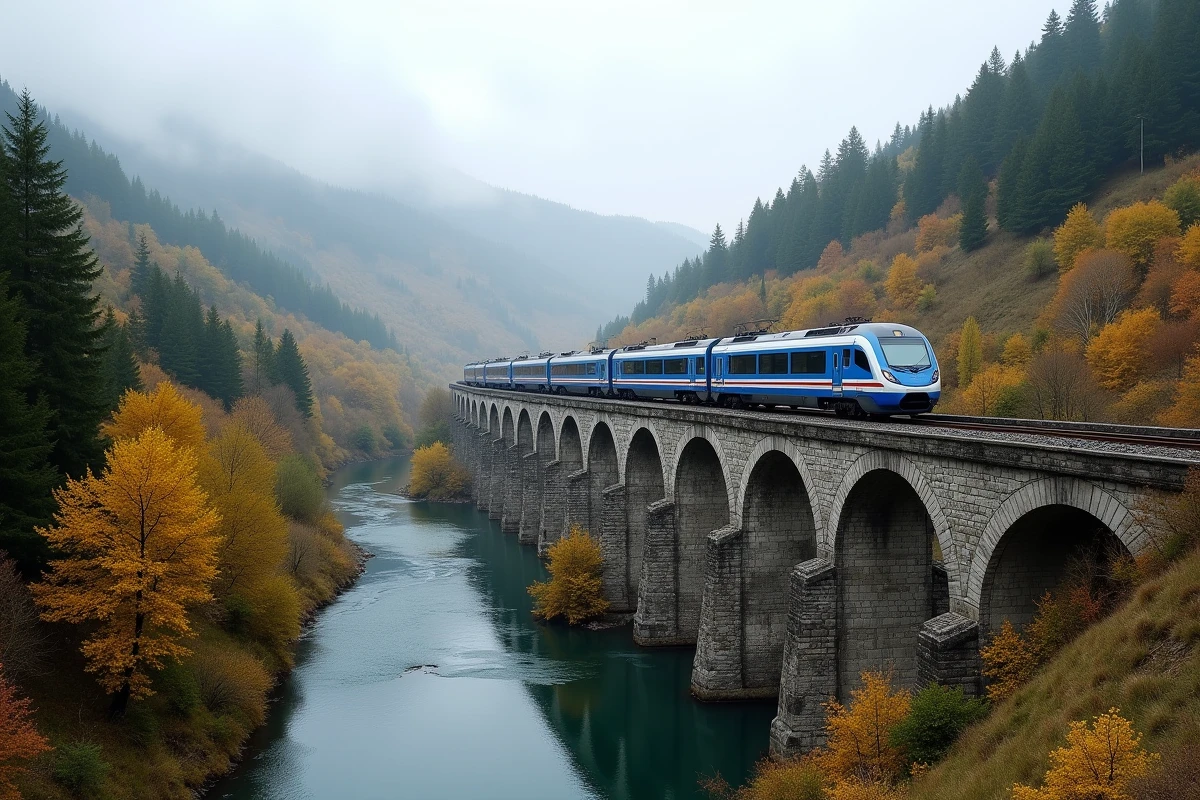 Train régional traversant un viaduc en pierre dans la vallée des Vosges, illustrant le développement du réseau de transport régional en zone rurale montagnarde