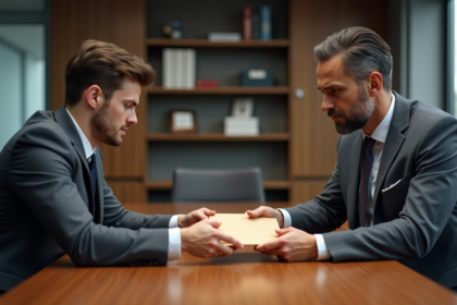 Homme d'affaires passant une enveloppe à un jeune collaborateur