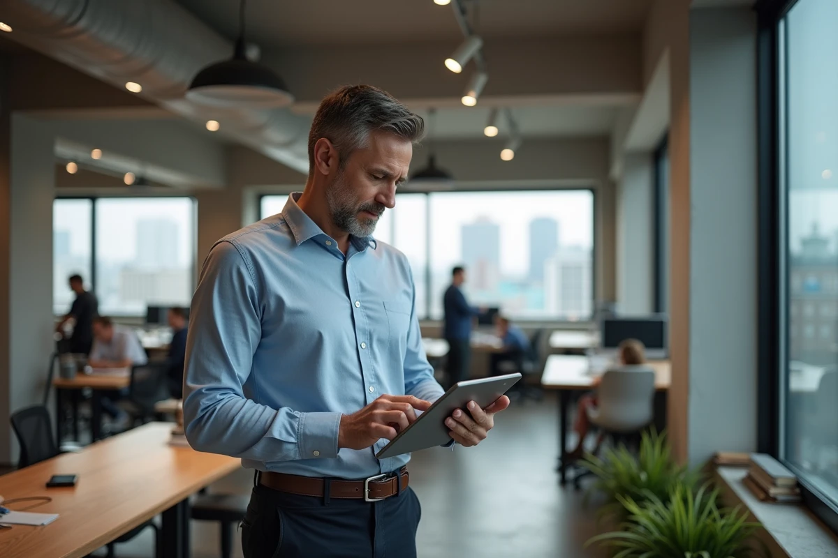 Travailleur non-salarié debout dans un espace de coworking consultant un guide en ligne sur sa tablette