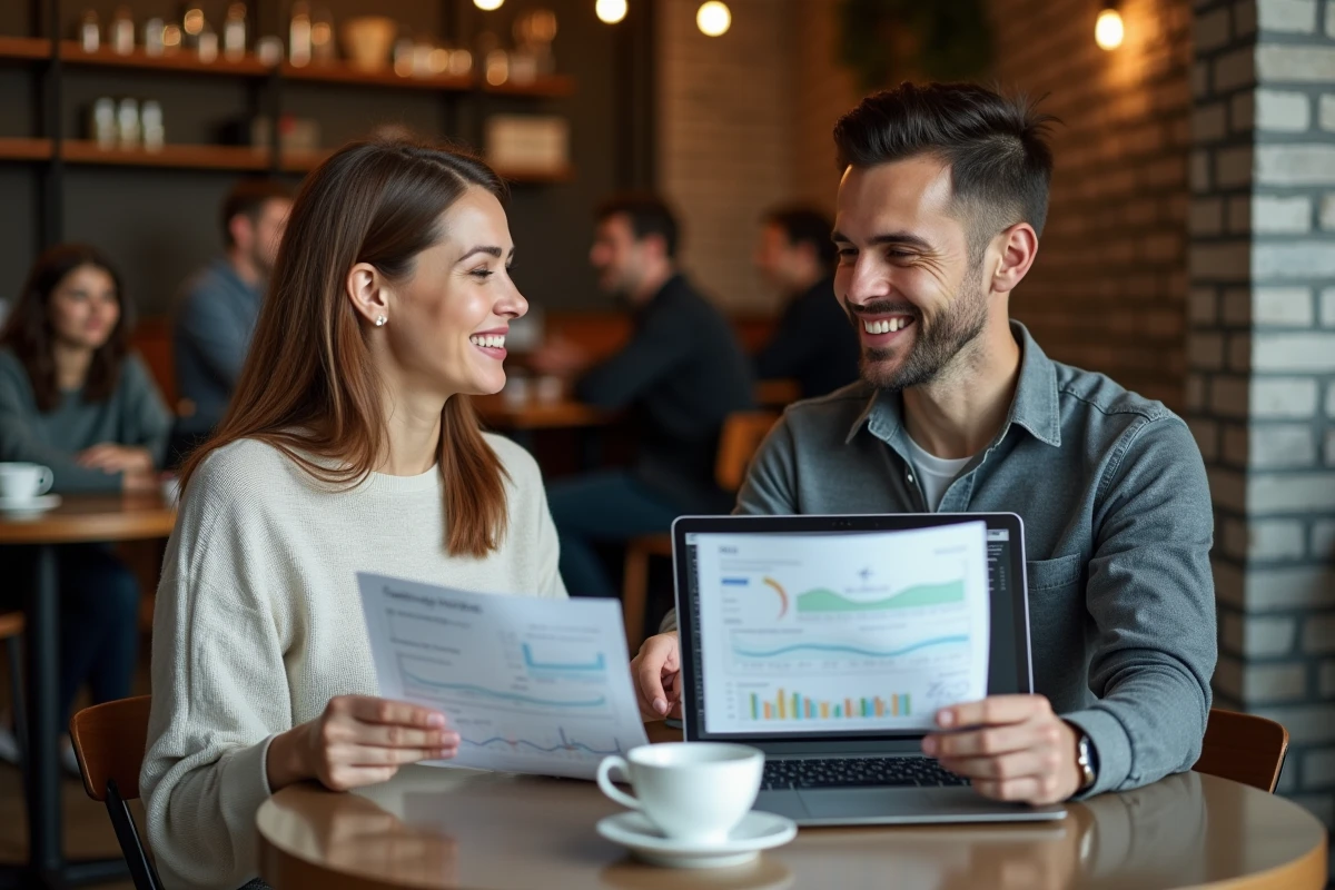Deux travailleurs indépendants discutant de leur statut TNS autour de documents administratifs dans un café urbain