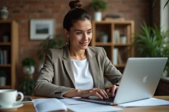 Travailleuse non-salariée consultant son ordinateur portable dans un bureau à domicile pour gérer ses démarches administratives