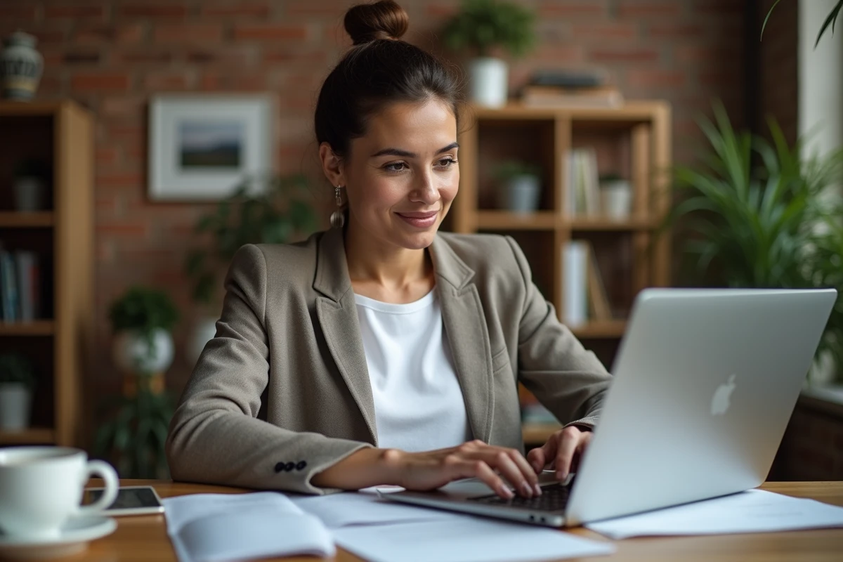 Travailleuse non-salariée consultant son ordinateur portable dans un bureau à domicile pour gérer ses démarches administratives