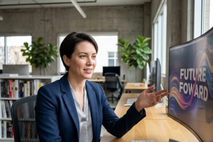Créatrice de contenu présentant une vidéo de motion design animée sur un écran dans un studio de design moderne