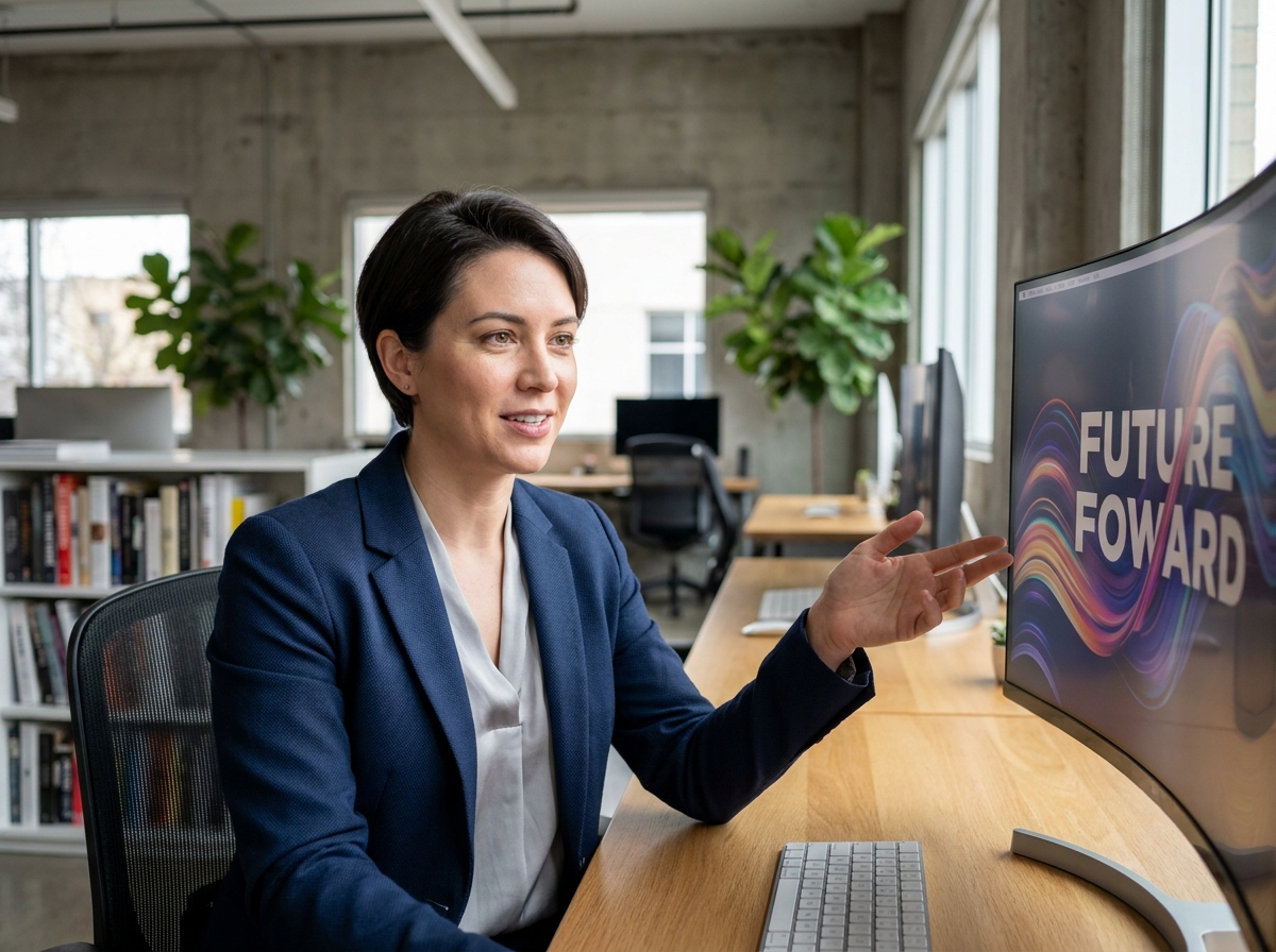 Créatrice de contenu présentant une vidéo de motion design animée sur un écran dans un studio de design moderne