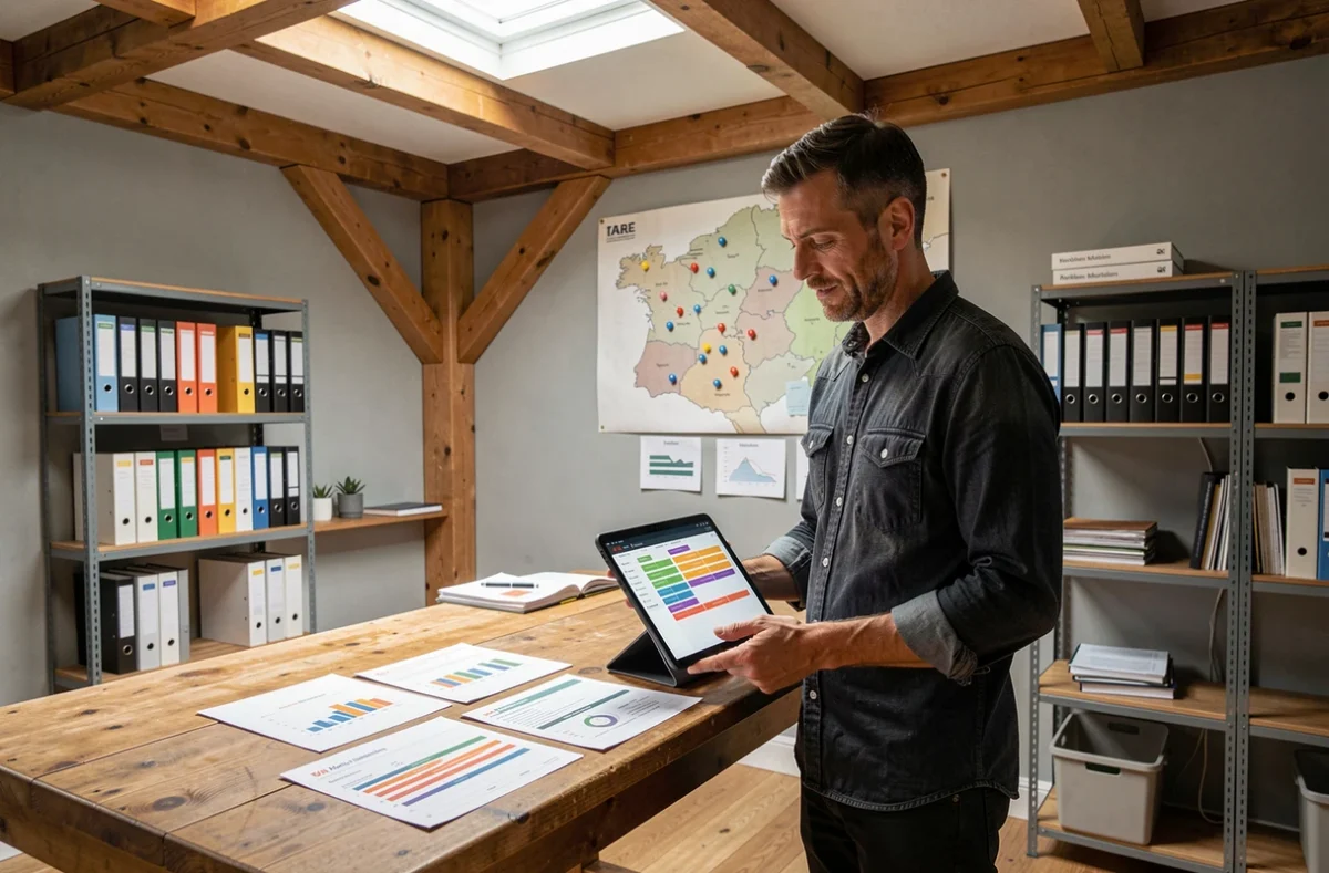 Directeur de l'agence digitale Webapic dans le Morbihan analysant des projets clients sur tablette